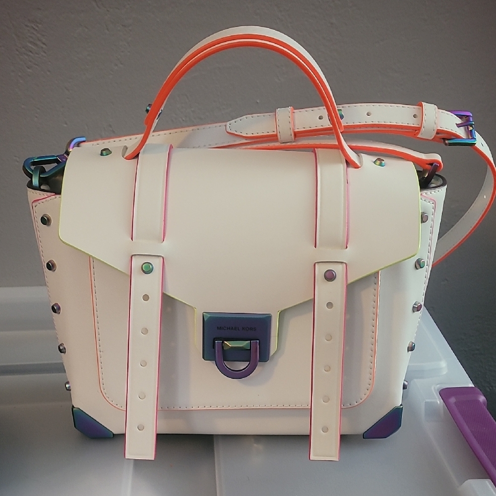 Michael Kors Cream Satchel with Pink and Orange Accents